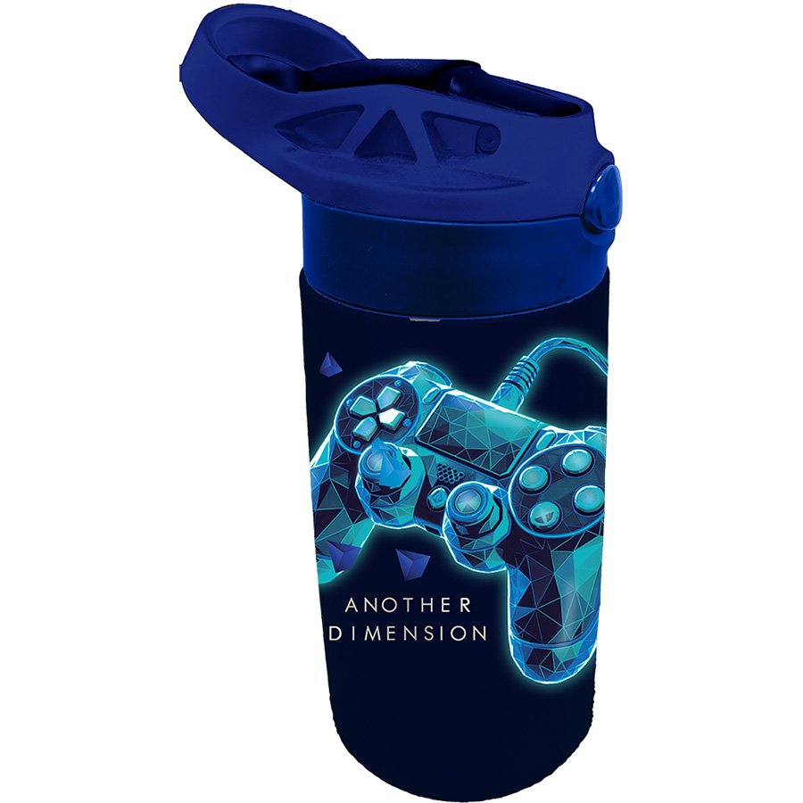 בקבוק נירוסטה עם לחצן גיימינג כחול